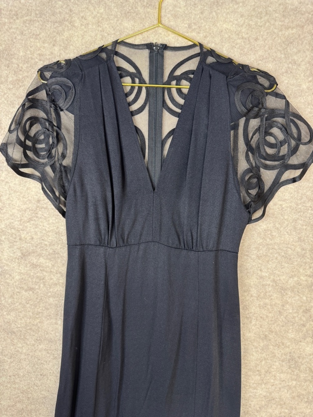 90’s style V-Neck Black Dress with Sheer Rosette Sleeve Detail